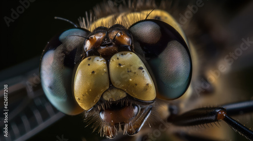 Beautiful macro shot of the big eyes of a dragonfly. Generative AI.