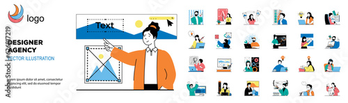 Designer agency concept with character situations mega set. Bundle of scenes people creating art projects and branding, making logos, selecting colors palette. Vector illustrations in flat web design