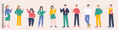 People greeting and say hello. Welcome characters, teens and adults. Cartoon women men wave hands, ethnic diverse group students splendid vector set