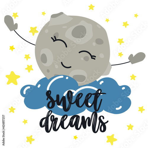 A postcard with the inscription sweet dreams and a cartoon moon in the clouds and on the background of the starry sky. Vector for design, banners, children's books and patterns