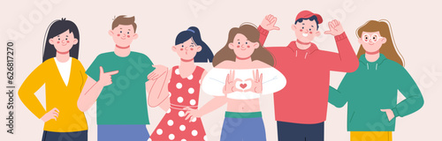 Positive people group, friends smile and hug. Cheering society, happy flat students portrait. Colleagues community, friendship splendid vector scene