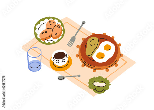 Breakfast table served with fried eggs, avocado, coffee cup, bread, water glass. Morning dishes, food and drink. Healthy nutritious lunch. Flat vector illustration isolated on white background