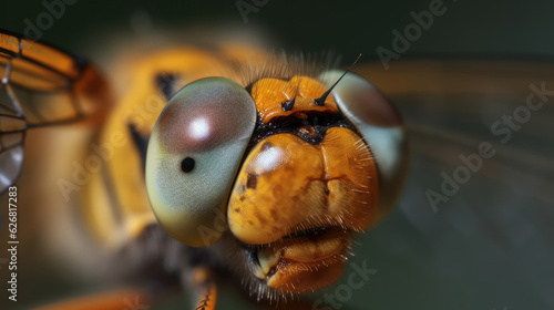 Macroshot of the face of a dragonfly with the big eyes. Generative AI.