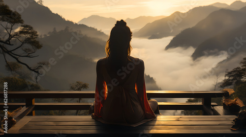 Back view of woman doing yoga on nature with beautiful mountain view, a woman doing yoga exercise in nature. Meditation with view of mountains Healthy lifestyle concept