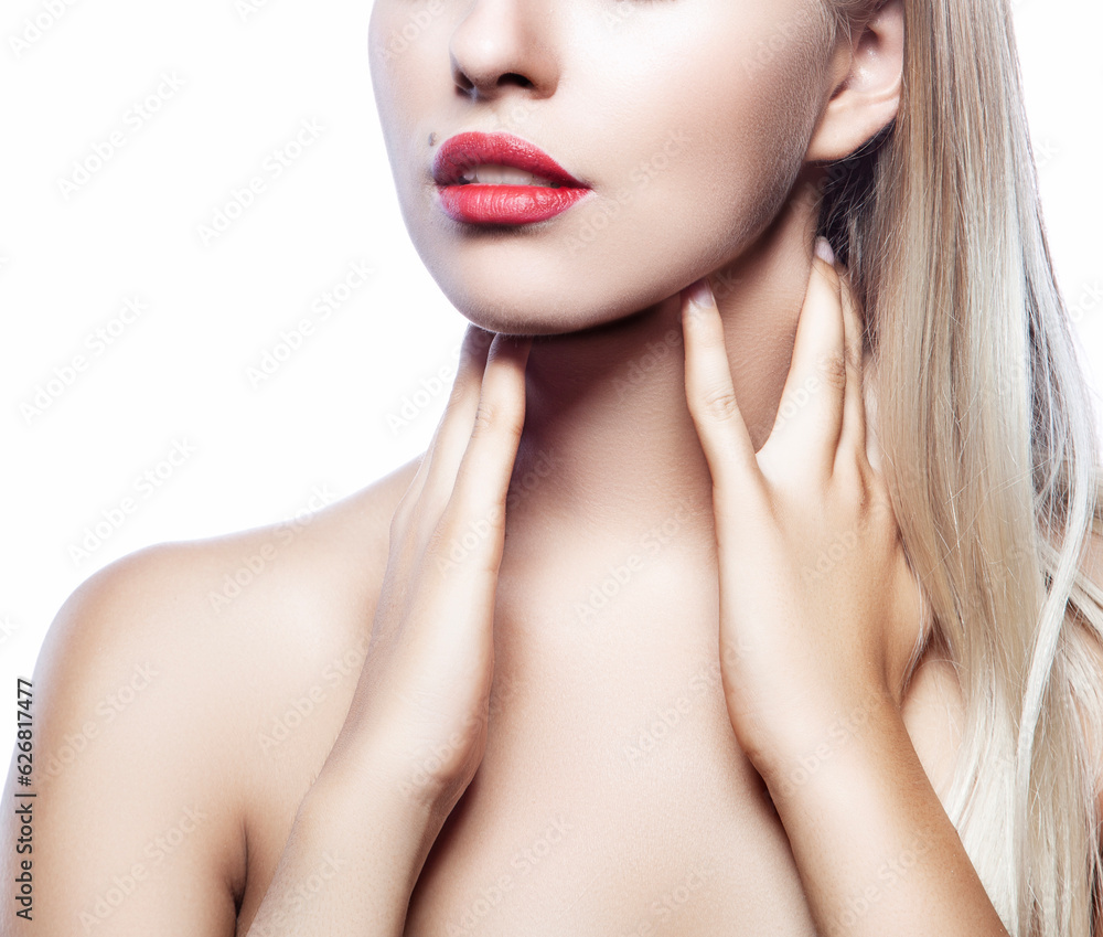 Red Lips, beauty face, shoulder, sexy model woman partial portrait with clean perfect healthy skin, bright makeup Red Lips, beauty face, shoulder, sexy model woman partial portrait with clean perfect healthy skin, bright makeup
