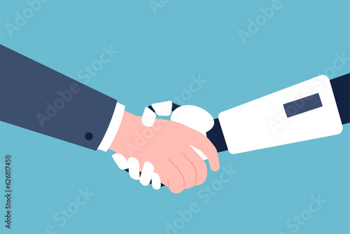 Shake robot hand, handshake human and android. Contract with artificial intelligence, technology professional partnership recent vector concept