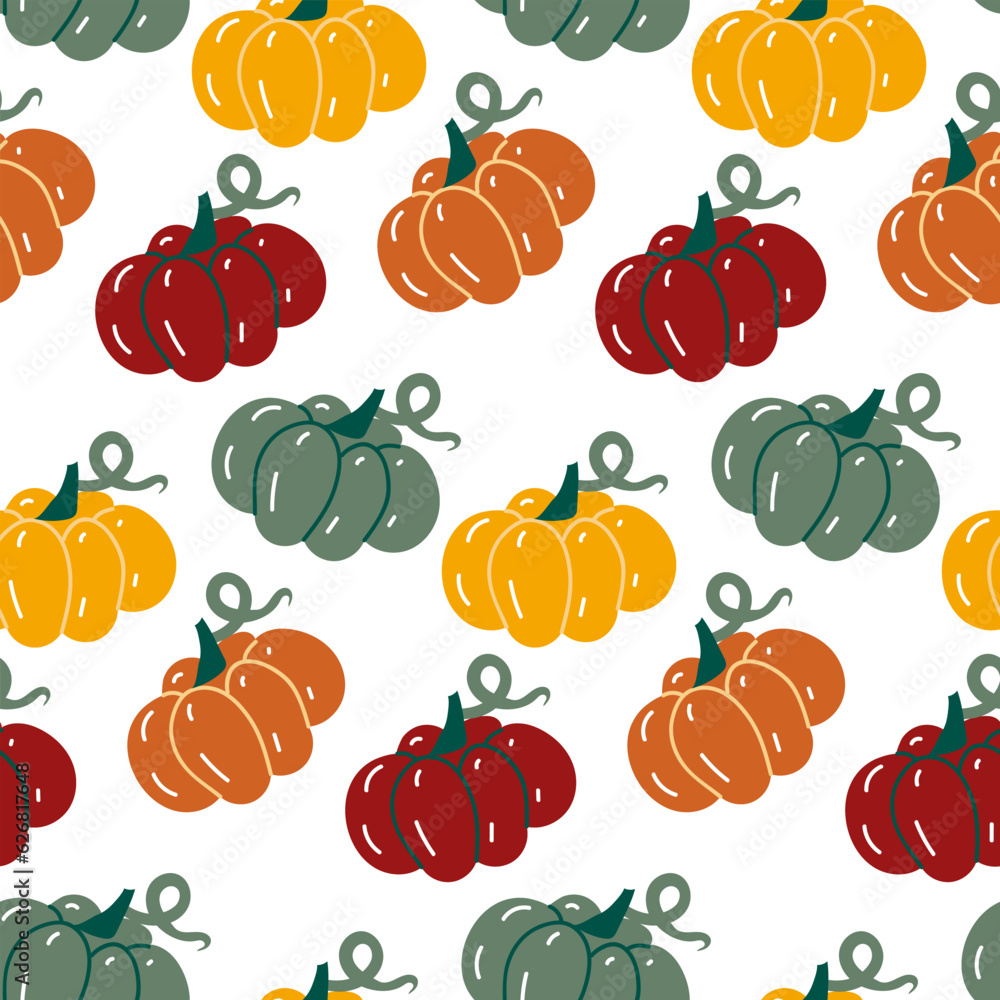 Seamless pattern of colorful pumpkins in retro style on a white background. Flat style. Vector illustration. Cute simple autumn packaging for Thanksgiving and Halloween Seamless pattern of colorful pumpkins in retro style on a white background. Flat style. Vector illustration. Cute simple autumn packaging for Thanksgiving and Halloween