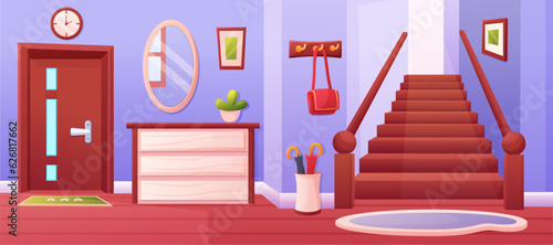 Retro hallway with stair and wardrobe. Living house inside interior. Cartoon home hall, apartment with furniture, carpets and mirror nowaday vector scene