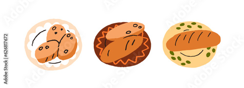 Fresh bread served on plates set. Bakery food, sourdough snack. Baguette loaf and cut pieces, slices, wheat buns, dough eating, products. Flat graphic vector illustration isolated on white background