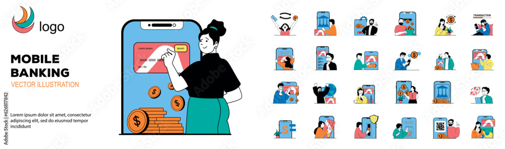 Mobile banking concept with character situations mega set. Bundle of ...