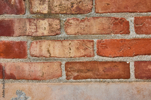 Background asset of grimy red brick wall with sliver of tan concrete at bottom