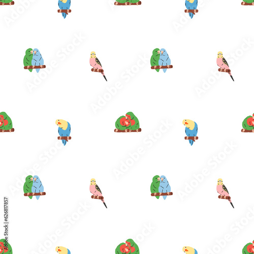 Cute parrots, seamless pattern. Exotic small birds pets on perches, endless background design. Tropical birdies, repeating print. Flat vector illustration for decoration, textile, fabric, wallpaper