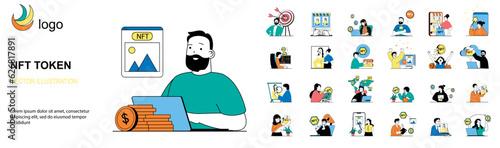 NFT token concept with character situations mega set. Bundle of scenes people selling and buying digital crypto art with non fungible tokens in marketplaces. Vector illustrations in flat web design