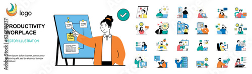 Productivity workplace concept with character situations mega set. Bundle of scenes people organizing workflow with notes and deadlines, crating to do lists. Vector illustrations in flat web design