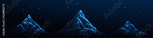 Abstract digital mountains set. Mountains range and starry night sky on dark technology blue background. Low poly wireframe vector illustration of hills landscape with 3D effect. Connected glow dots.
