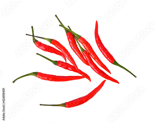 Red chili peppers on transparent png. Top view.