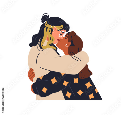 Lesbian love couple kissing, hugging. LGBT women embracing together with passion. Modern young homosexual girlfriends, LGBTQ lovers, valentines. Flat vector illustration isolated on white background