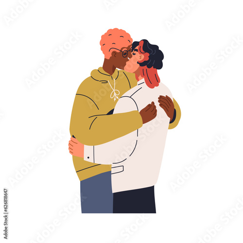 Homosexual men kissing in lips. Gay partners, romantic guys hugging, embracing with love. Sexy LGBT boyfriends, lovers. Male valentines. Flat vector illustration isolated on white background