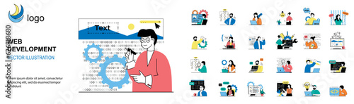 Web development concept with character situations mega set. Bundle of scenes people creating web page layout, coding and testing html code, making optimization. Vector illustrations in flat web design