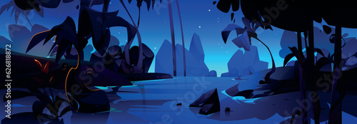 Cartoon night river in jungle forest vector background scene. Tree and water tropical game illustration. Nature fairytale wallpaper with beautiful fantasy amazon wild scenery and light reflection.