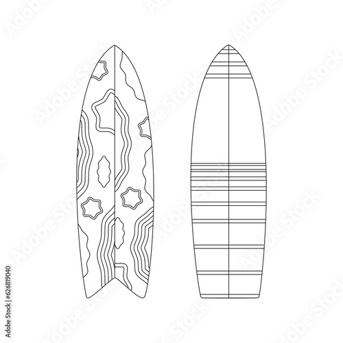 Surfboards. Beach set for summer trips. Vacation accessories for sea vacations. Line art. © Inna