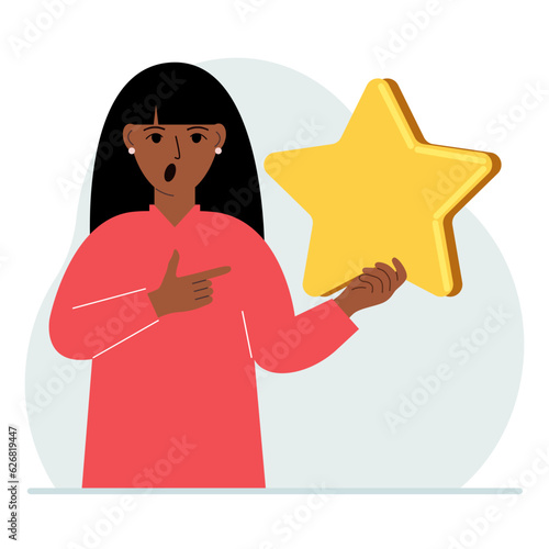 The woman is holding a star. Service rating or positive user rating. Consumer review of the product. Feedback.