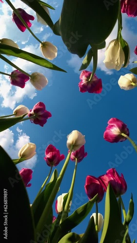 Red and white tulips below the blue sky. Vertical video