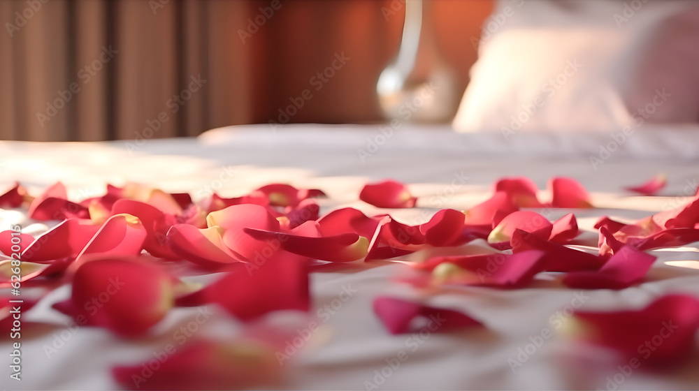 Rose on the bed in hotel rooms. Rose and her petals on the bed for a romantic evening. Beautiful hotel for honeymoon sweet Rose on the bed in hotel rooms. Rose and her petals on the bed for a romantic evening. Beautiful hotel for honeymoon sweet