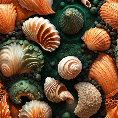 A seashells and corals on a green background