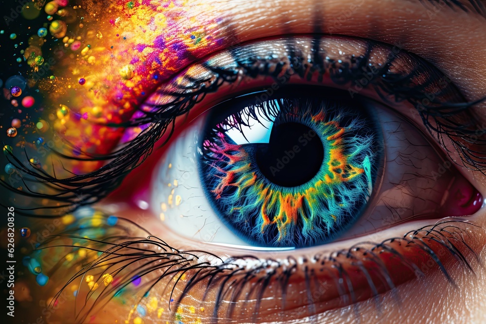 Portrait of human multicolor eyes, close up view. Generative Ai.