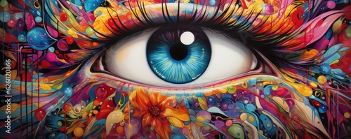 Close-up view of multi colorful human eye, panorama. Generative Ai. #626820866
