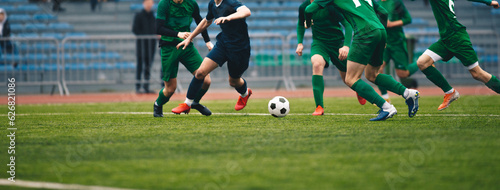 Soccer players run a game and kick soccer ball. European football competition match between players in green and blue uniforms. Professional league match