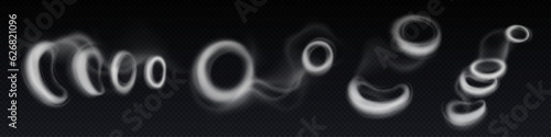 Smoke rings, circle clouds of steam or smog. Round shaped fog, smoke of hookah, cigarette or pipe, vapor of vape flying in air, vector realistic illustration isolated on transparent background