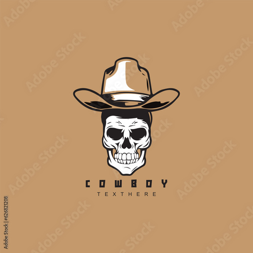 Vintage retro cowboy skull with hat logo design. Western cowboy vector