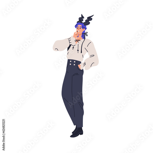 Sexy horned devil man in monster costume. Horny sassy sexual person disguised...