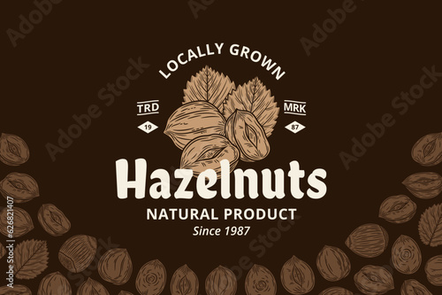 Vector hazelnuts vintage logo. Food label design. Hazelnuts seeds and shells illustration