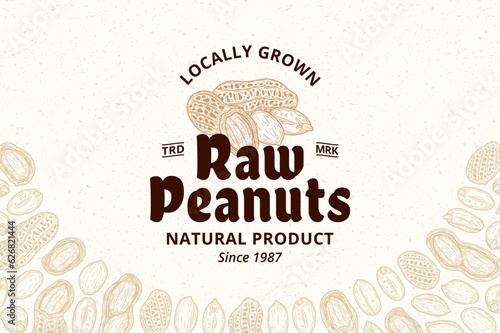 Vector peanuts vintage logo. Food label design. Peanut seeds and shells illustration