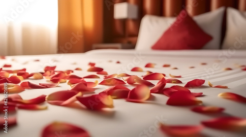 Rose on the bed in hotel rooms. Rose and her petals on the bed for a romantic evening. Beautiful hotel for honeymoon sweet photo