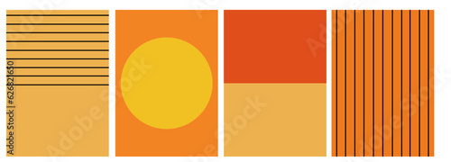 collection of simple minimalist abstract posters in orange shades with a yellow circle and black stripes on the background
