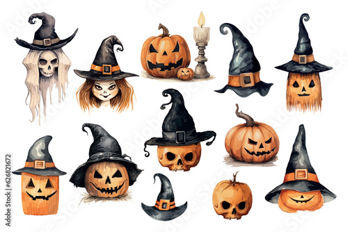 Vintage Halloween illustration with pumpkins  witches  bats and decor elements
