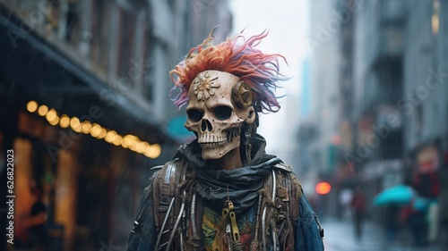 Young rebellious cyberpunk city teenager skeleton portrait caricature, wild unwashed colorful hair and latest street fashion with jewelry and beads on a cold rainy day - generative AI © SoulMyst
