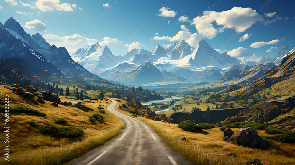 Beautiful mountain range with straight road highway. A long straight road leading towards a snow capped mountain