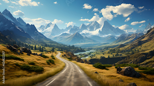 Beautiful mountain range with straight road highway. A long straight road leading towards a snow capped mountain