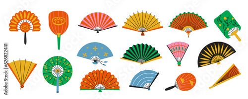 Flat asian fans. Folded oriental bamboo paper fans, open chinese japanese and korean traditional accessory. Vector collection photo
