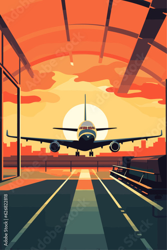 Vector vacation retro style poster with airplane taking off from the airport or landing at the sunset