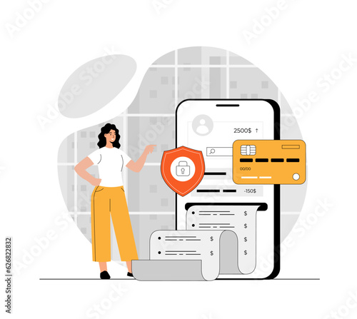 Mobile banking concept. Financial transactions online. Woman making protected payment with smartphone app. Illustration with people scene in flat design for website and mobile development.