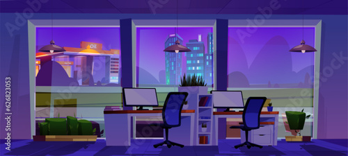 Night office room interior with desk near window cartoon background. computer table on empty workplace with skyscraper city view concept. Panoramic wide game environment inside building design