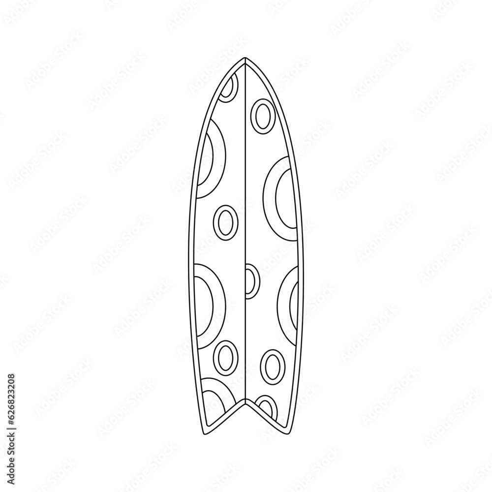 Surfboard. Beach set for summer trips. Vacation accessories for sea vacations. Line art.