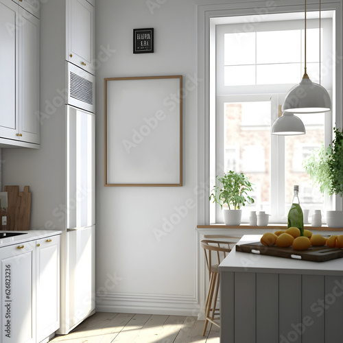 frame mockup in kitchen , wall art mockup for poster aesthetic look ,poster mockup in kitchen , kitchen wall decor mockup