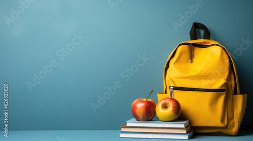 Minimalistic Setup of Yellow Backpack with Red Apple, Pens, Notebooks, Ruler, Eraser on Pale Blue Background - Generative AI Illustration